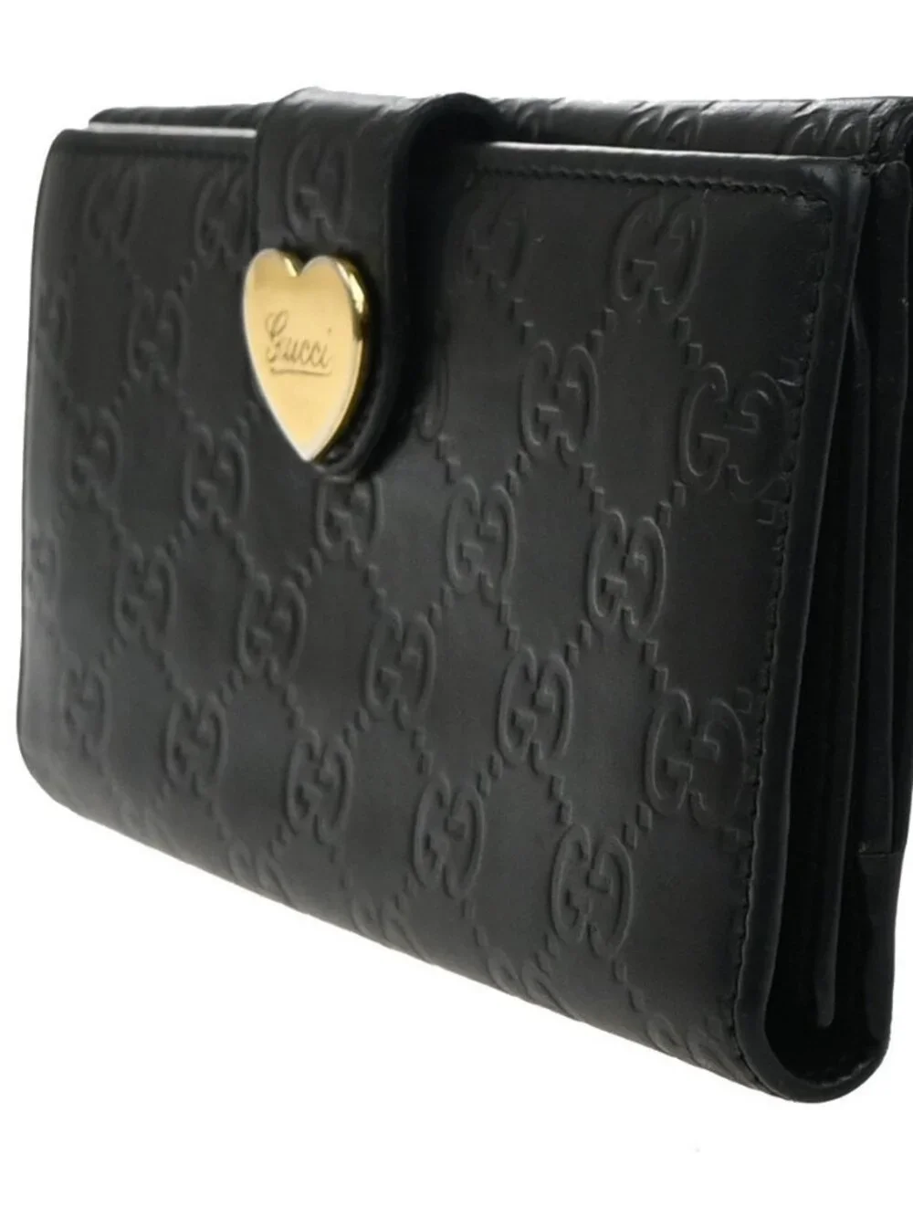 GUCCI Logo Guccissima GG Lovely Heart Bifold Long Wallet Leather Black 02KD033 - Picture 2 of 16